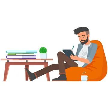 Man graphic designer freelancer with tablet vector Stock Illustration