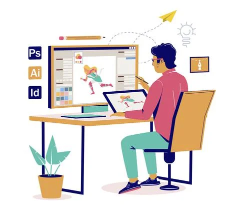 Man graphic illustrator working at computer vector Stock Illustration