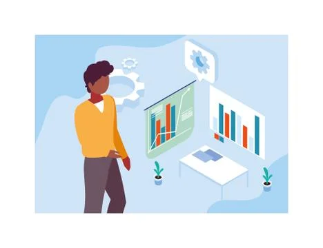 Man with graphs in front, business working processes Stock Illustration