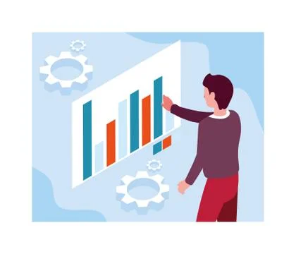 Man with graphs in front, business working processes Stock Illustration