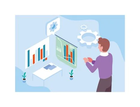 Man with graphs in front, business working processes Stock Illustration
