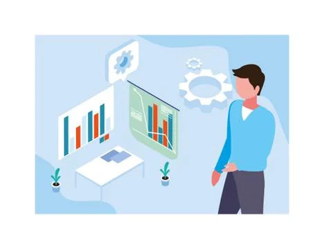 Man with graphs in front, business working processes Illustrazione stock