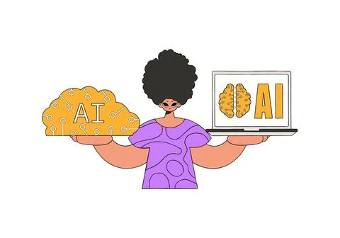 Man grasping a robotic brain, vector image. Illustrazione stock