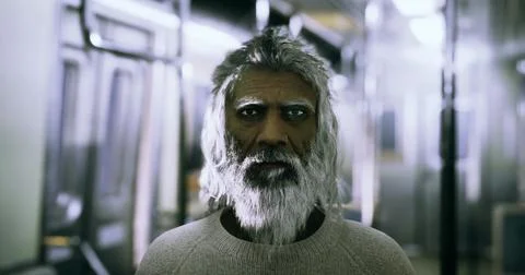 Man with gray beard stands in subway train during early morning commute Stock Illustration