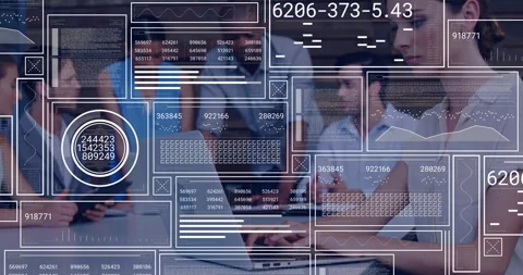 Man in gray tapping tablet activating animated data analytics overlays while 動画素材 310643543