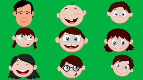 Man green background cartoon face blue eyes smile boy brown hair girls. Stock Footage 310562855