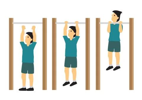 Man in green doing pull-up exercise in three steps. Stock Illustration
