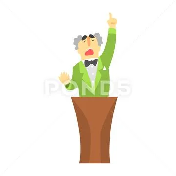 Man in green jacket standing behind the tribune and pointing his finger up Stock Illustration