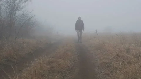 A man in a green jacket is walking on the forest rural  road in thick foggy weat Stock Footage 232399609