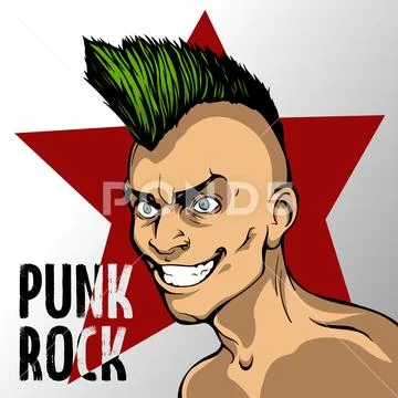 A man with a green mohawk on the background of a red star and an inscription of Stock Illustration