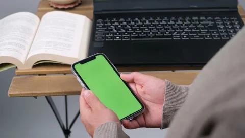 Man green screen phone at office Stock Footage 236404156