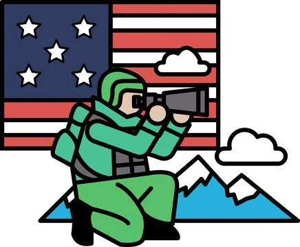 A man in a green uniform is crouching down and looking through a camera lens イラスト素材