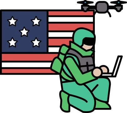 A man in a green uniform is sitting in front of a laptop computer Stock Illustration