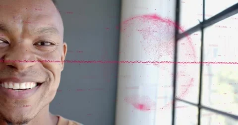 Man by grid window shifting smile across frames, red wave, orbs rising around Stock Footage 320956065