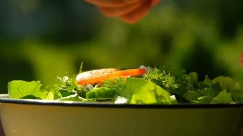 Man Grilling Meat and Preparing Fresh Vegetable Salad in Sunny Garden Stock Footage 328361767