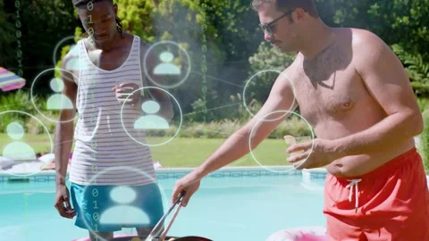 Man grilling by pool for friends, smoke rising and causing tech icons and binary Stock Footage 333351630