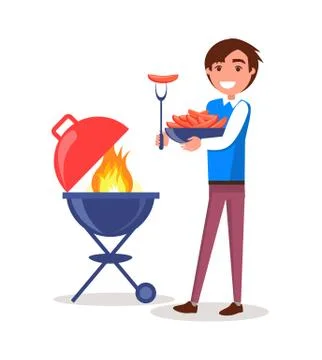 Man Grilling Sausages Barbecue Vector iIllustration Illustrazione stock