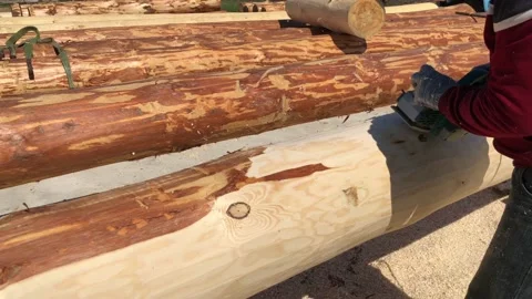 A man grinds a log from the bark with a grinding machine. Video stock 156625060