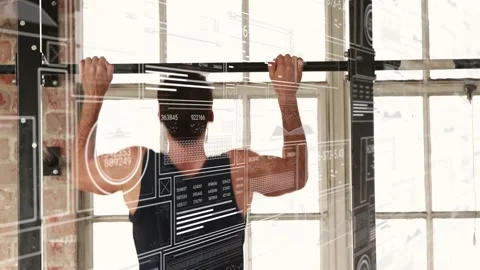 Man gripping bar and doing pull-ups, HUD moving with him tracking fitness, Stock Footage 323373322