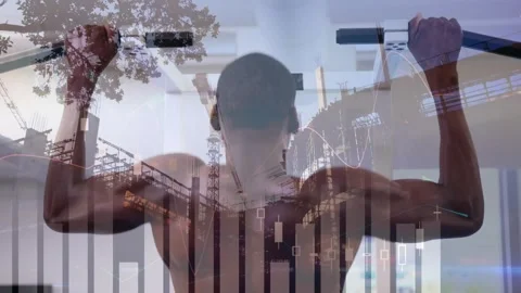 Man gripping bar, pulling down, building strength, overlaying construction crane Stock Footage 323407523