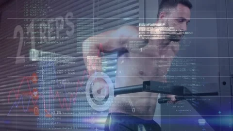 Man gripping dip bars and HUD cue, performing controlled dips while fitness Stock Footage 323373216
