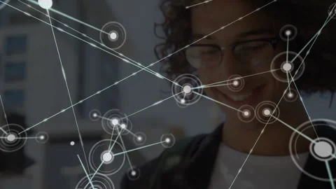 Man gripping phone by window causing node network spreading over screen for tech Stock Footage 317741256