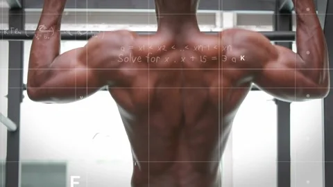 Man gripping pull-up bar and performing pull-ups in gym, grid and equations Stock Footage 323480139