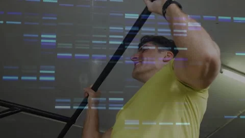 Man gripping pull-up bar, doing pull-up reps for fitness while glitch overlay Stock Footage 330959141