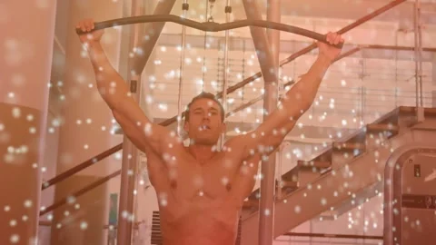 Man gripping pulldown bar and pulling toward chest for fitness, overlay Stock Footage 330563744