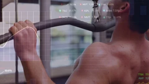 Man gripping pulldown bar and pulling toward chest while HUD graphs tracking Stock Footage 333477634