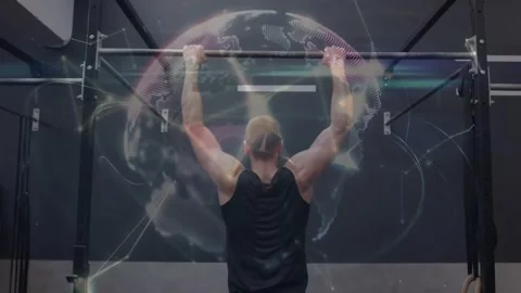 Man gripping pullup bar and doing pullups for fitness, reps rising, overlay Stock Footage 330756666