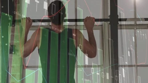 Man gripping pullup bar completing set for strength leaning on post as finance Stock Footage 333233880