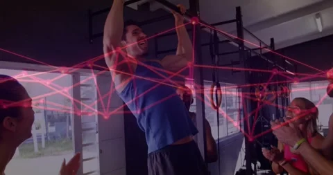 Man gripping pullup bar pulling up for strength, red overlay crossing gym rig, Stock Footage 330959969