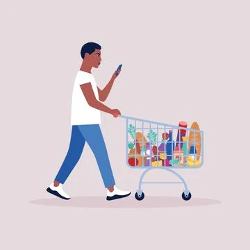 Man with grocery trolley Stock Illustration