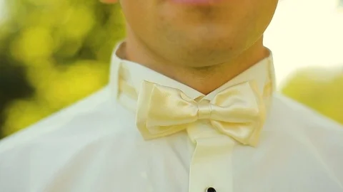 Man the groom in white shirt to correct bow tie outdoor. Natural light Stock Footage 82807589