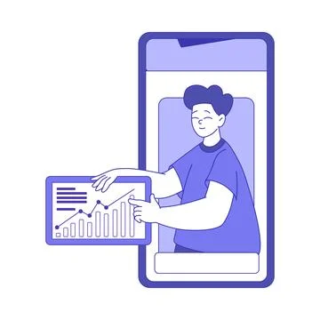 Man with Growth Chart Looking from Smartphone Screen as Social Marketing and Stock Illustration