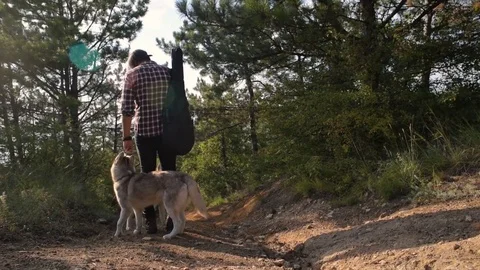 Man with guitar playing with two siberian husky dogs in forest Vidéo 84377082