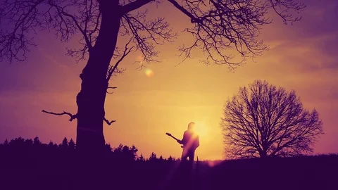 Man with guitar at sunset Stock Footage 88645584