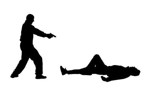 Man with gun aims shooting enemy injured lie down silhouette Illustrazione stock