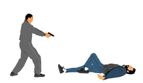Man with gun aims shooting at enemy injured boy lie down. Illustrazione stock