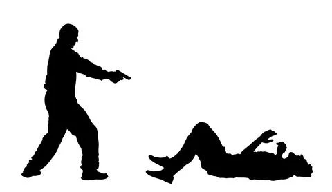 Man with gun aims shooting enemy injured lie down silhouette Illustrazione stock