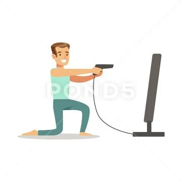 Man With Gun Joystick Shooting,Part Of Happy Gamers Enjoying Playing Video Game Stock Illustration