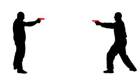 Man with gun shooting in opponent vector silhouette illustration. Stock Illustration