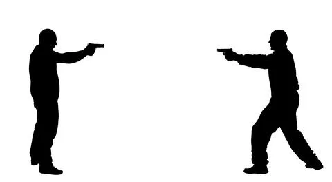 Man with gun shooting in opponent vector silhouette illustration. イラスト素材