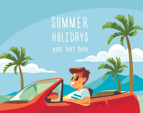 Man guy driving convertible red car on California coastal road Stock Illustration