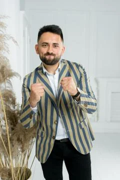 Man guy in studio businessman gesturing Stock Photos
