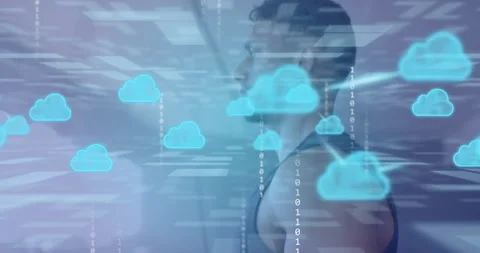 Man in gym seeing glitch lines activating cloud icons and swirling binary code Stock Footage 314738748