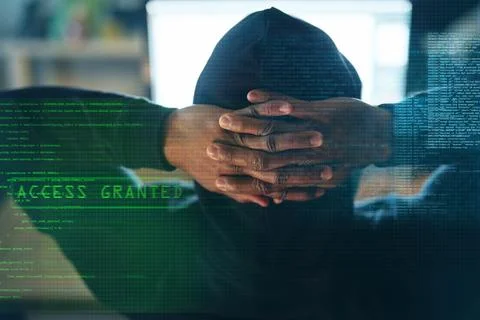 Man, hacker and code on computer at night for spy, success information or Stock-Fotos