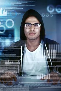 Man, hacker and computer code at night for firewall, breach and access in cyber Stock-Fotos