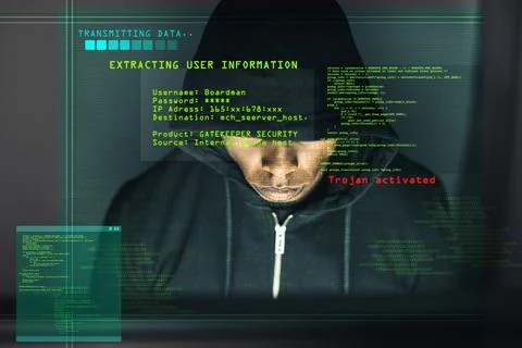 Man, hacker and computer code at night for firewall, breach and access in cyber Stock Photos